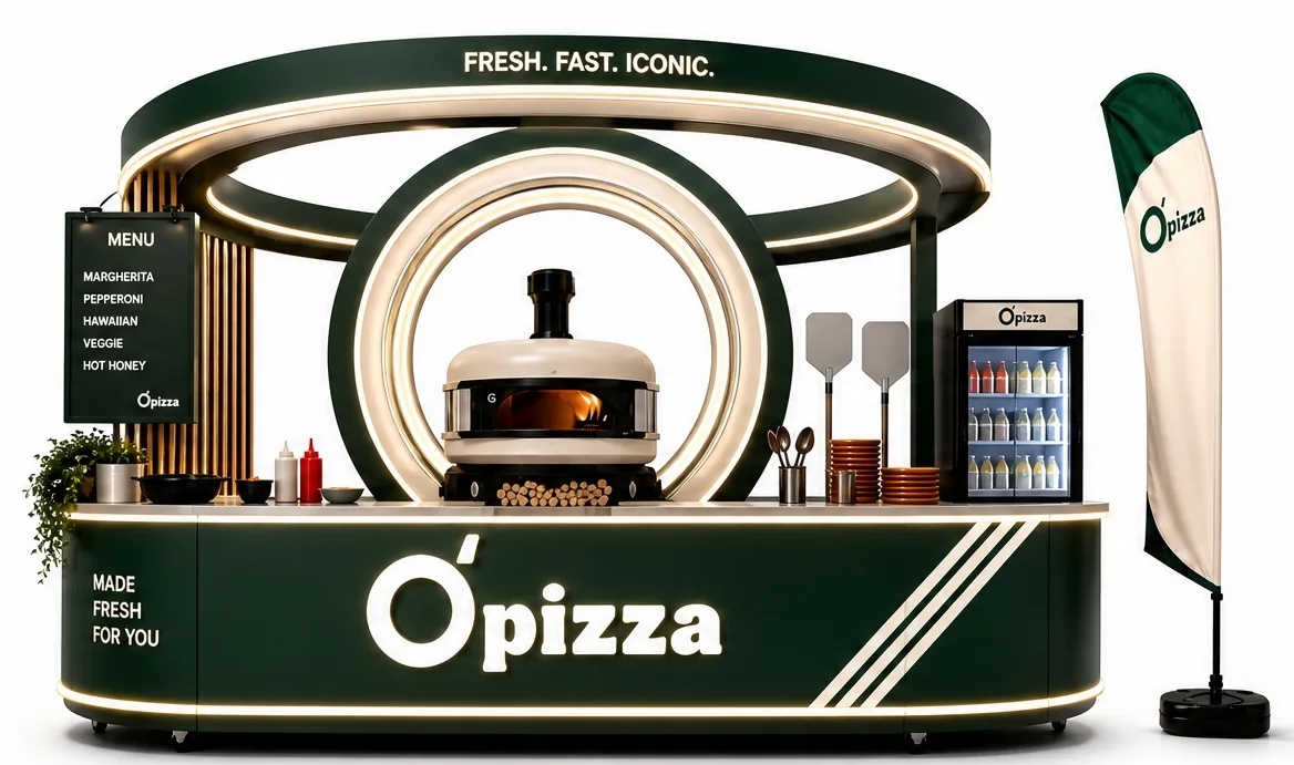 تصميم O’Pizza Halo Stage بإطار دائري مضيء حول فرن البيتزا