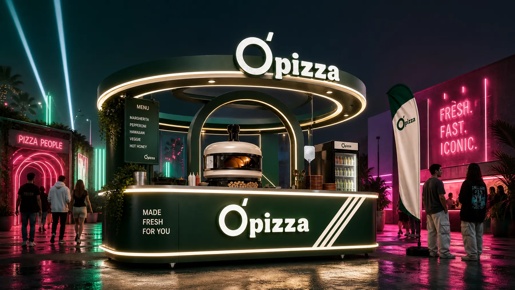 محطة O’Pizza Halo Stage مضيئة في فعالية ليلية