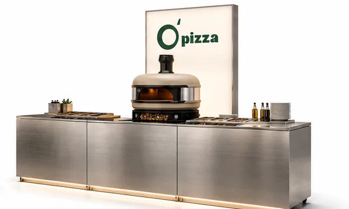 محطة بيتزا O’Pizza الاحترافية من الستيل مع فرن البيتزا ولوحة الشعار المضيئة